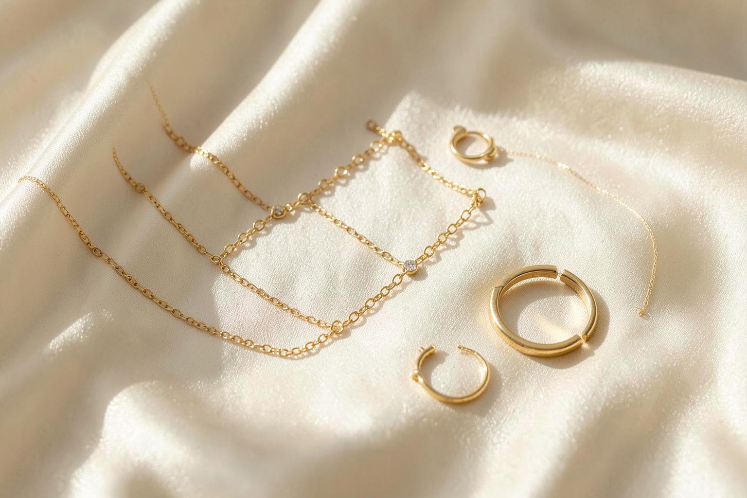 Gold-plated jewellery laid on cream silk